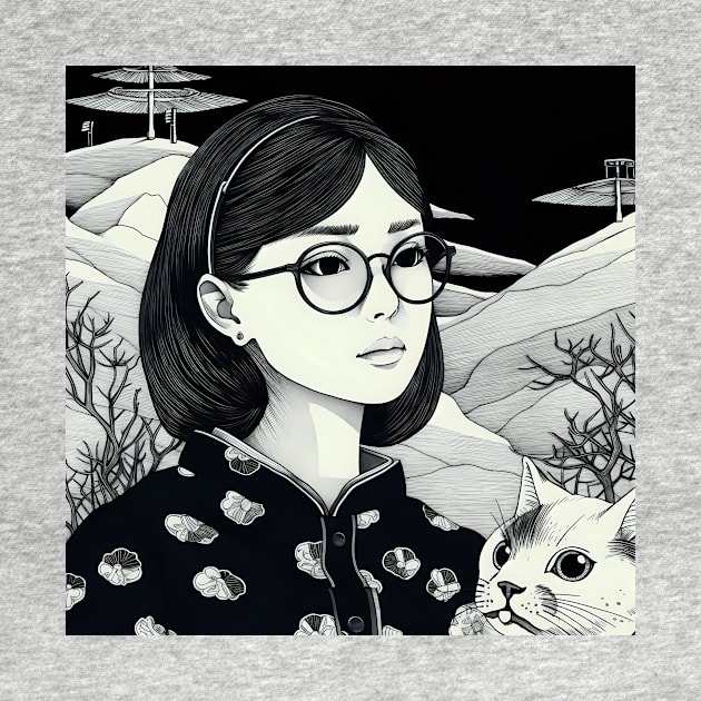 Black and white portrait of woman with cat by KOTYA